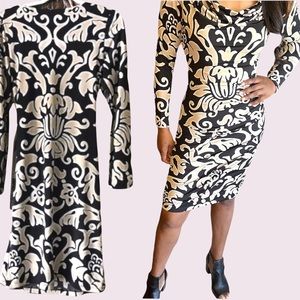 INC print bodycon dress black/beige sleeves, side gathers, sexy, classy size M.